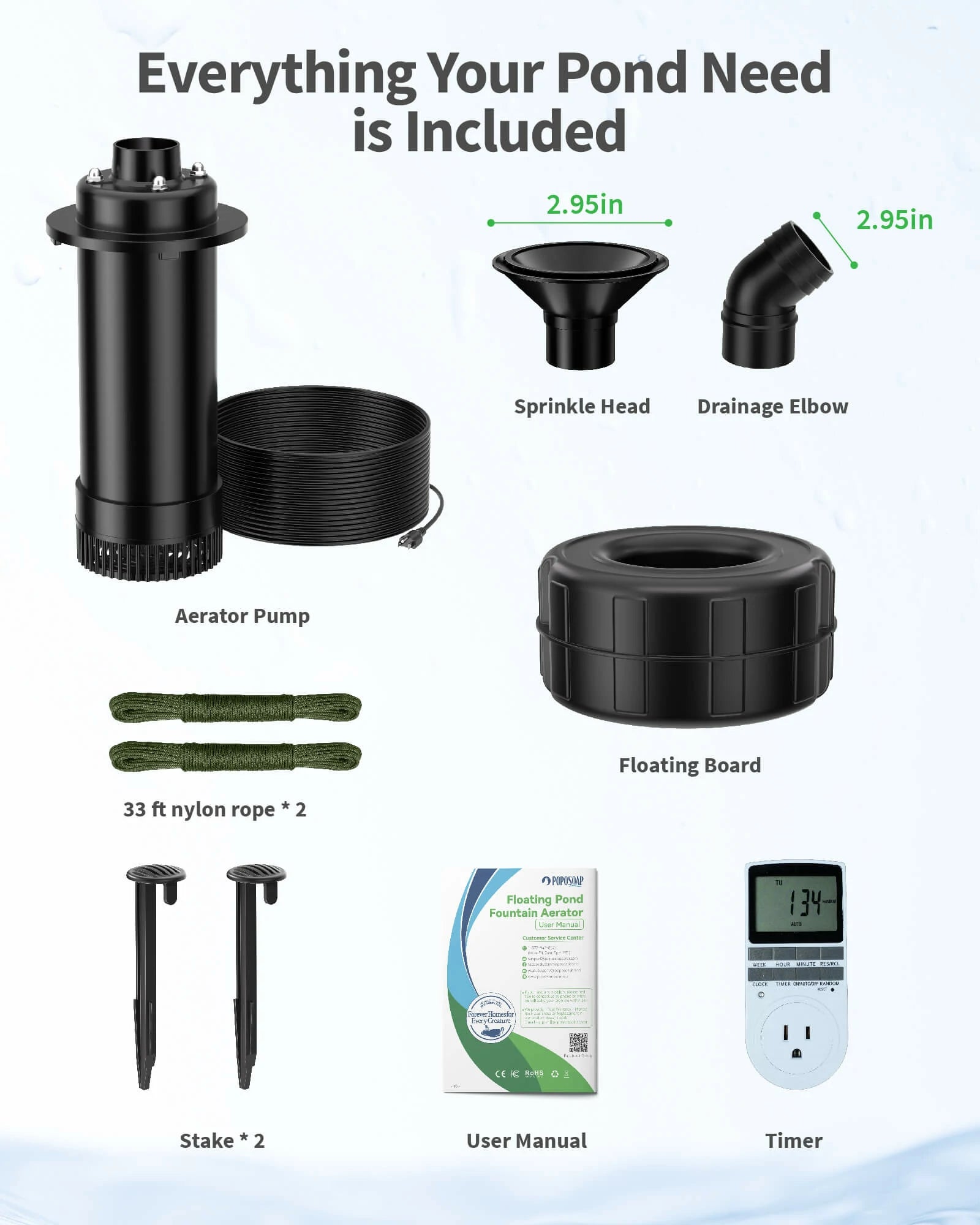 8000GPH Floating Pond Fountain Aerator with Smart Timer