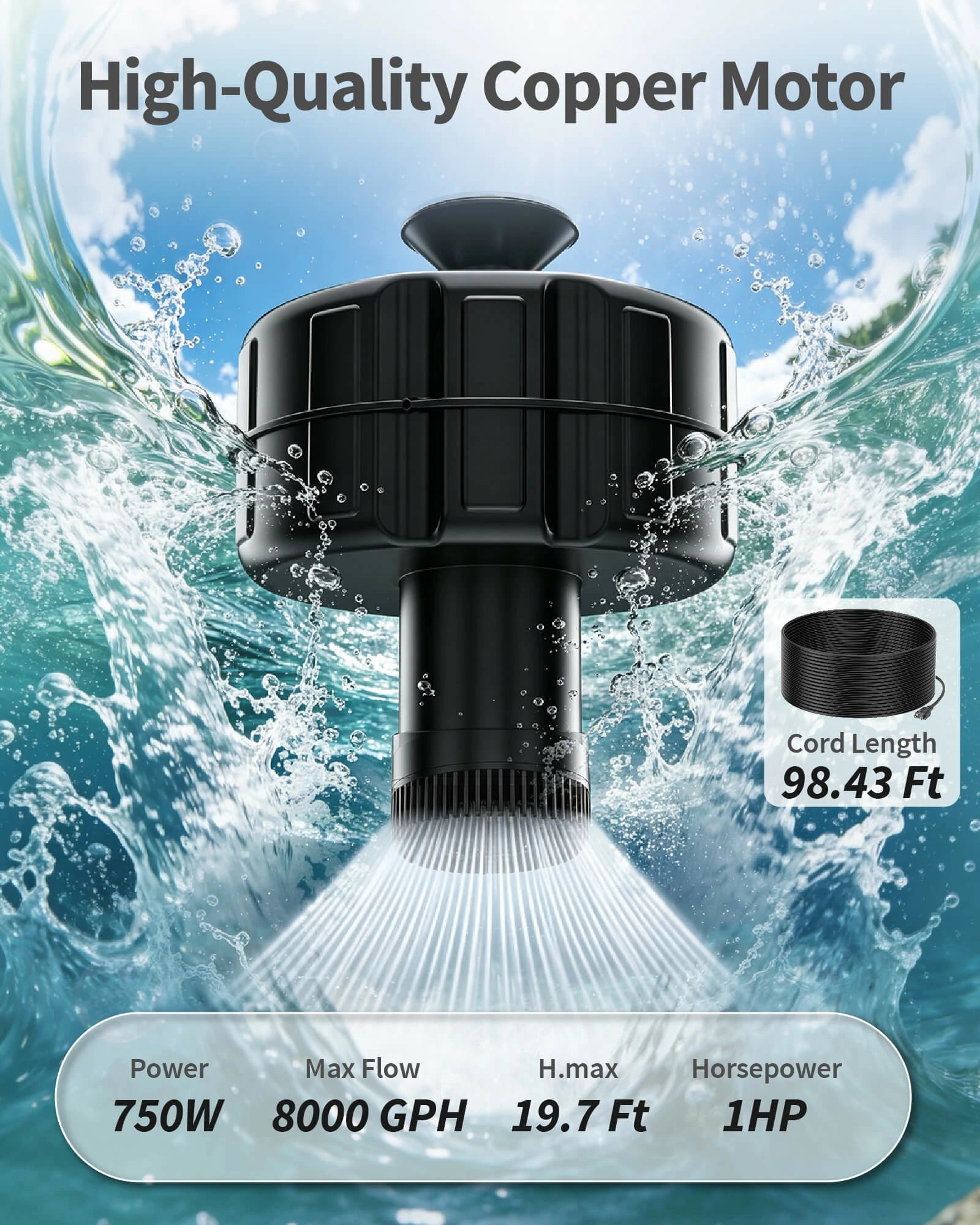 8000GPH Floating Pond Fountain Aerator with Smart Timer