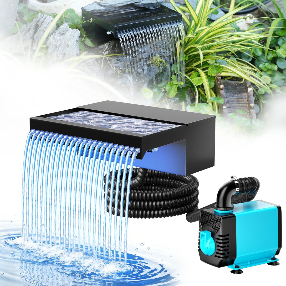 40W 660GPH Spray Waterfall Pump Kit with 12" Spillway & Light