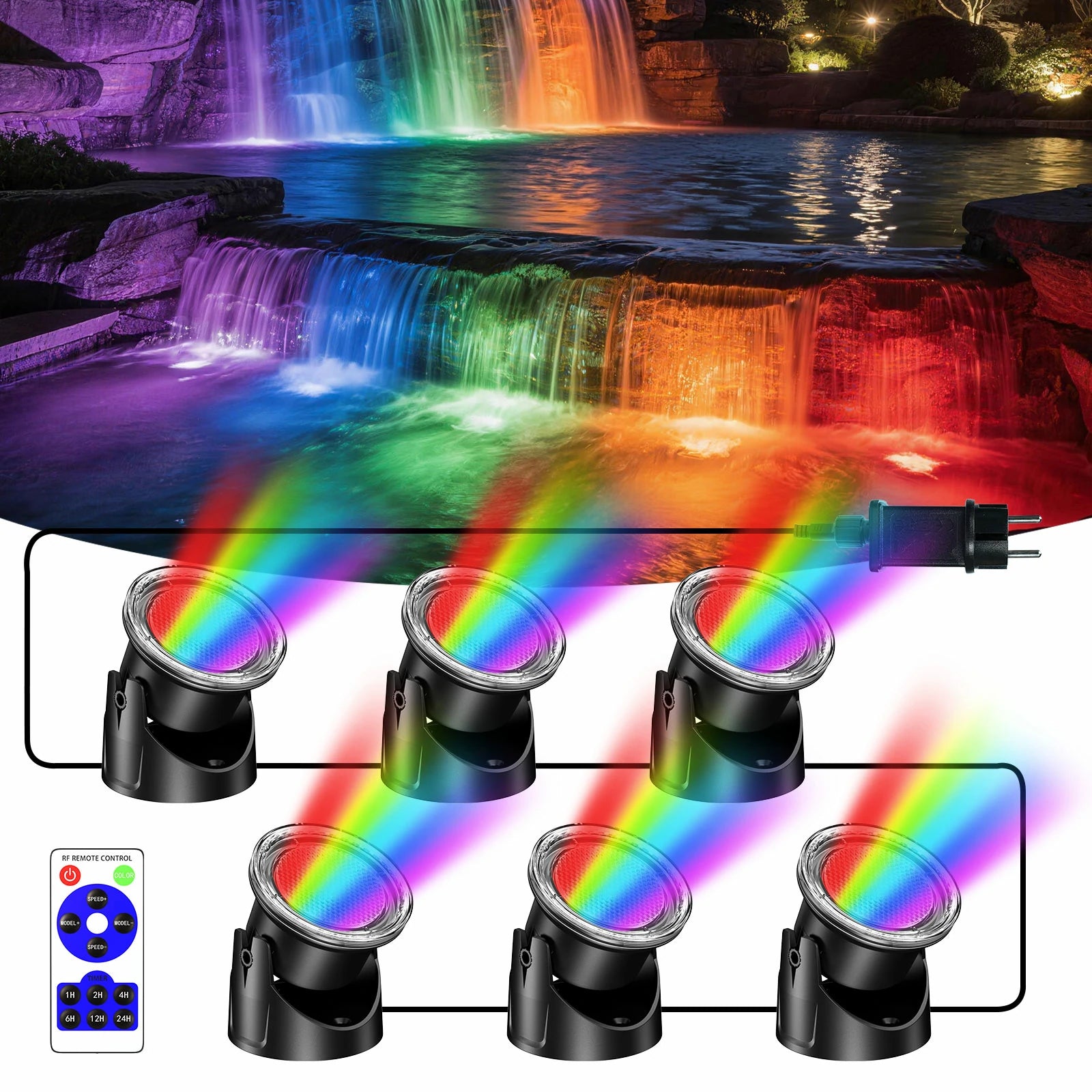 6-Head Colored Underwater Pond Lights with Memory Function