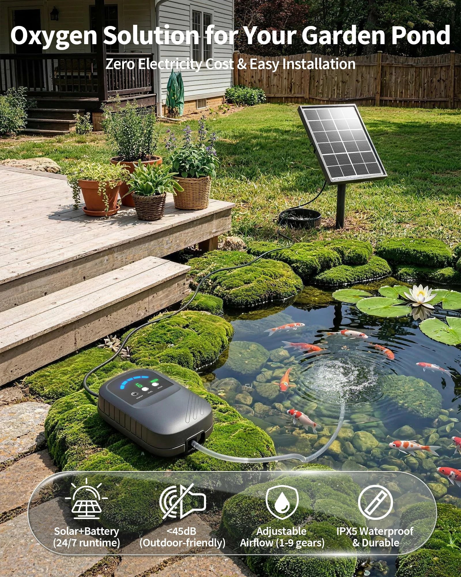 4W Solar Pond Aerator with 2200mAh Battery & Digital Display