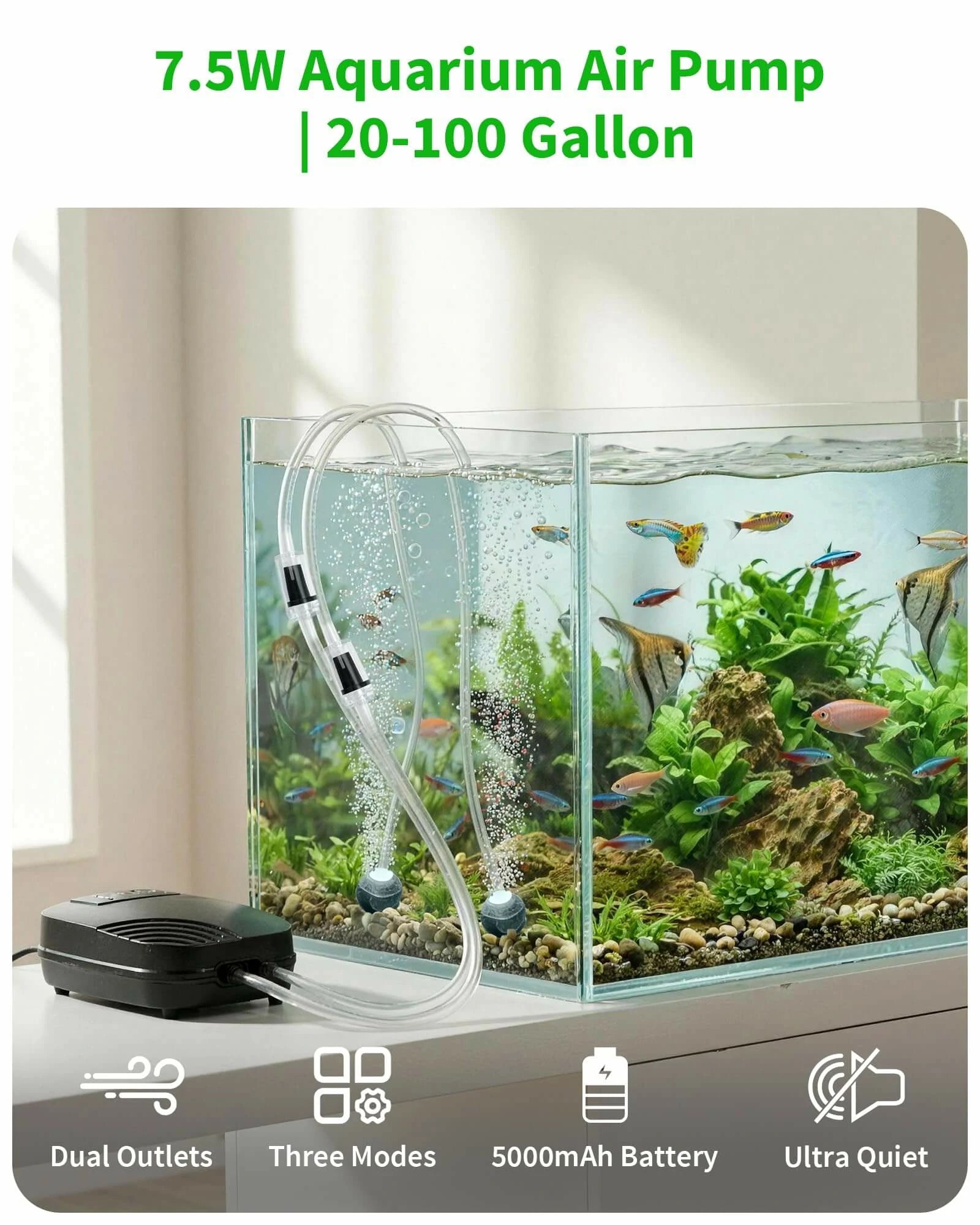 7.5W Aquarium Air Pump with 5000mAh Battery