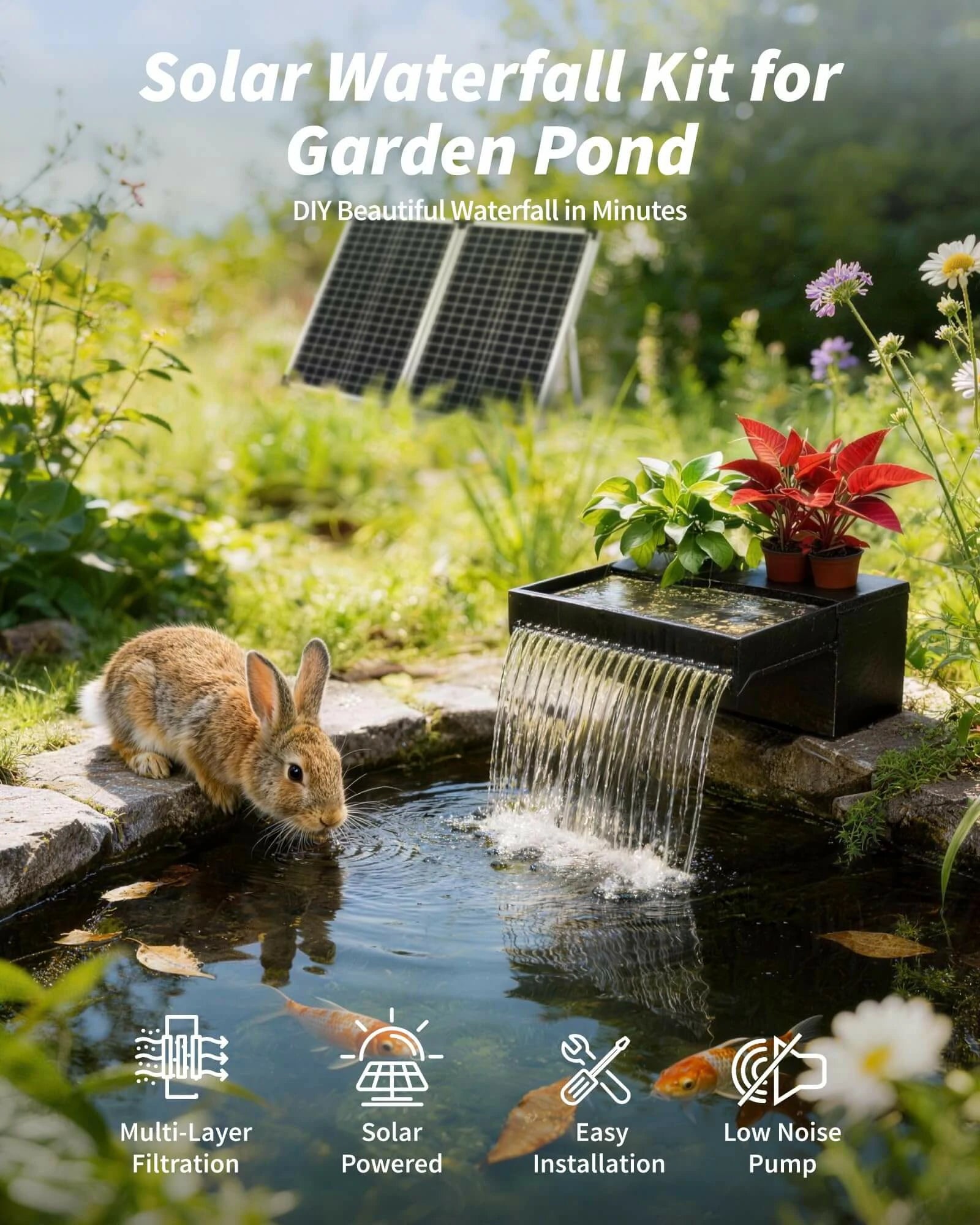 55W 580GPH Solar Waterfall Pump Kit with 8" Spray Spillway