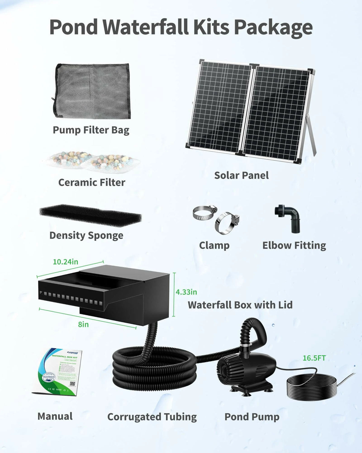 55W 580GPH Solar Waterfall Pump Kit with 8" Spray Spillway