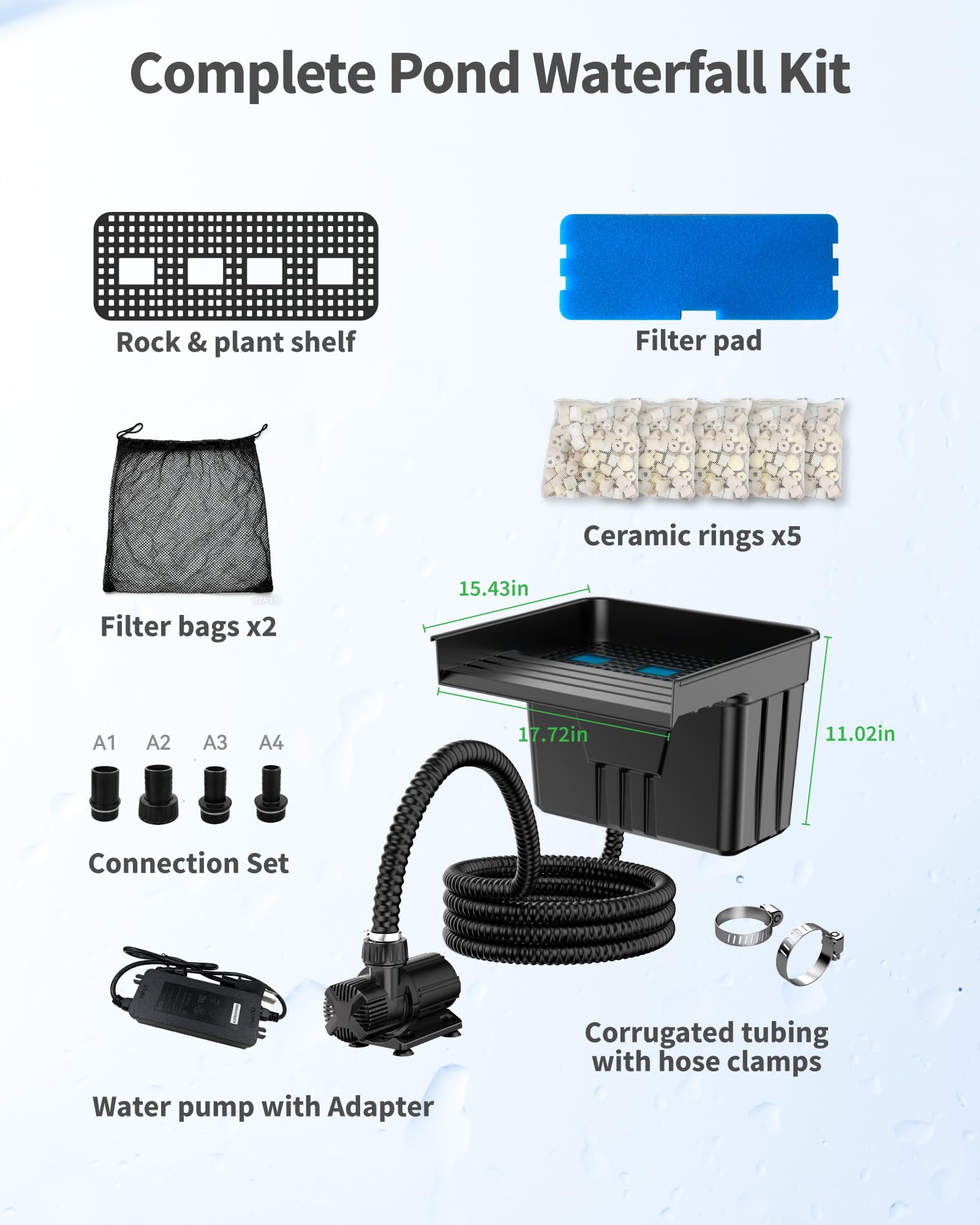 42W 1200GPH Electric Waterfall Pump Kit with 17.7"x11" Spillway