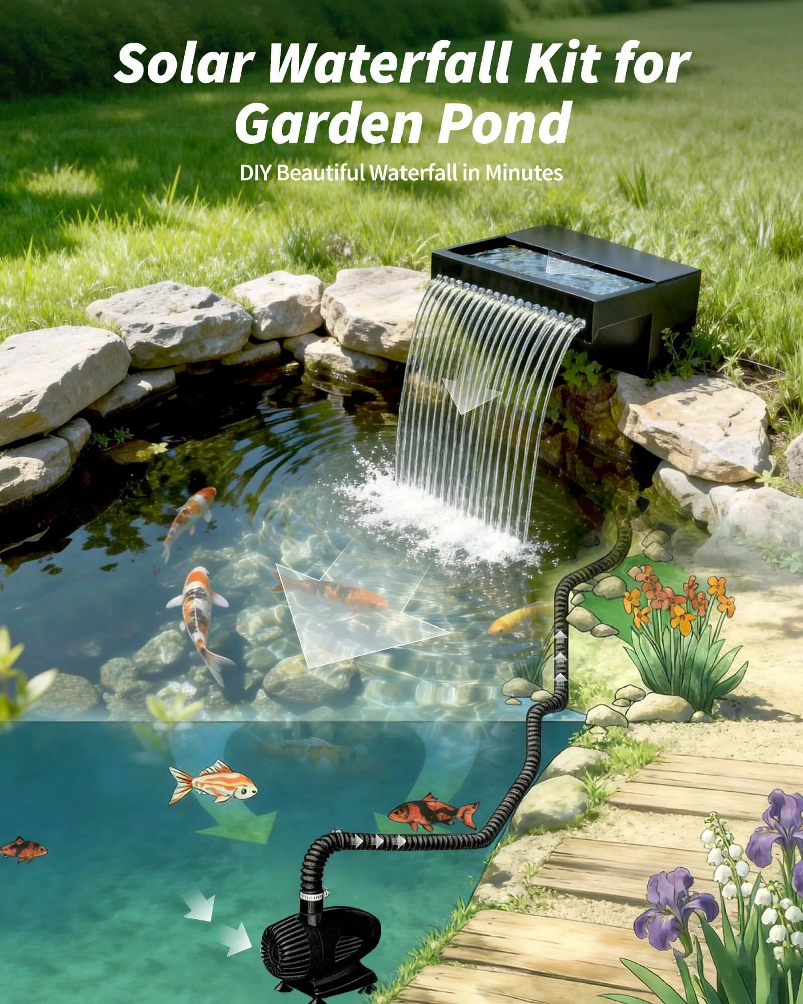 55W 580GPH Solar Waterfall Pump Kit with 8" Spray Spillway