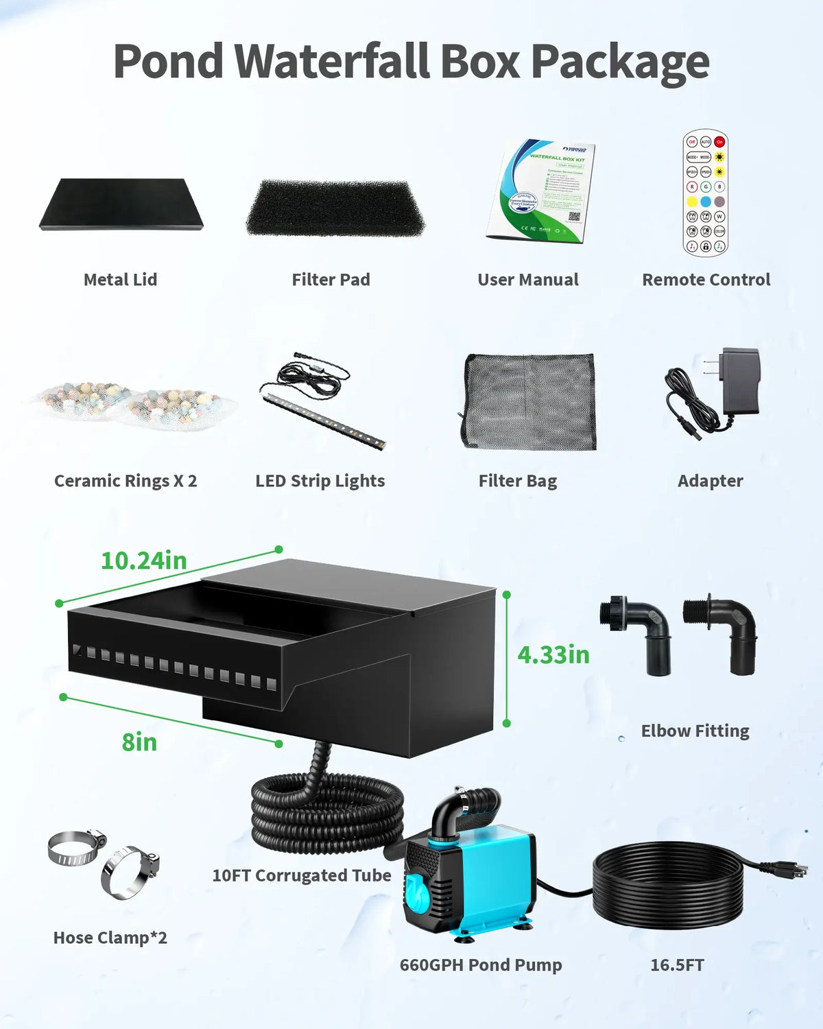 40W 660GPH Spray Waterfall Pump Kit with 8" Spillway & Light