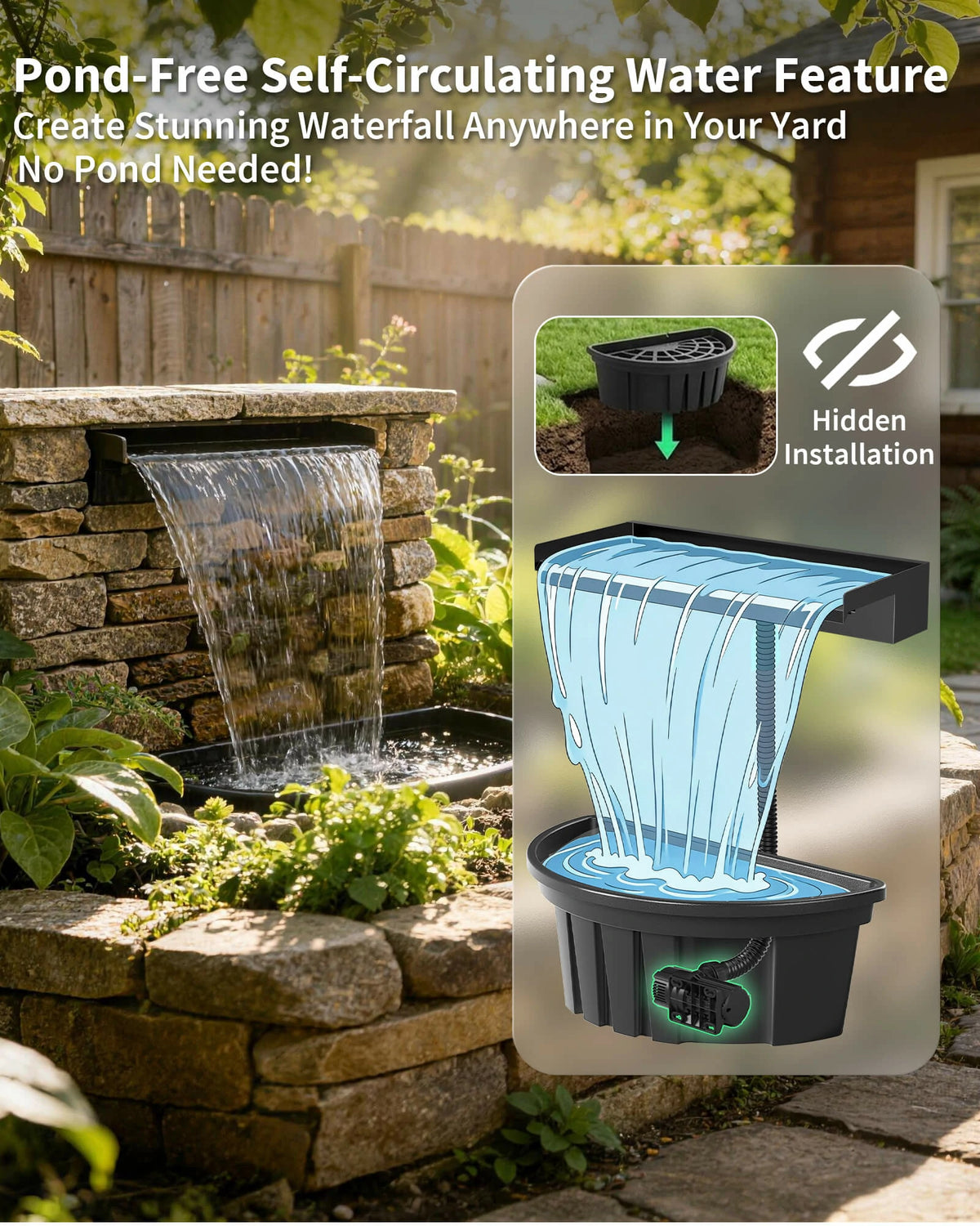 24" Electric Pondless Waterfall Kit with Light, 1600GPH