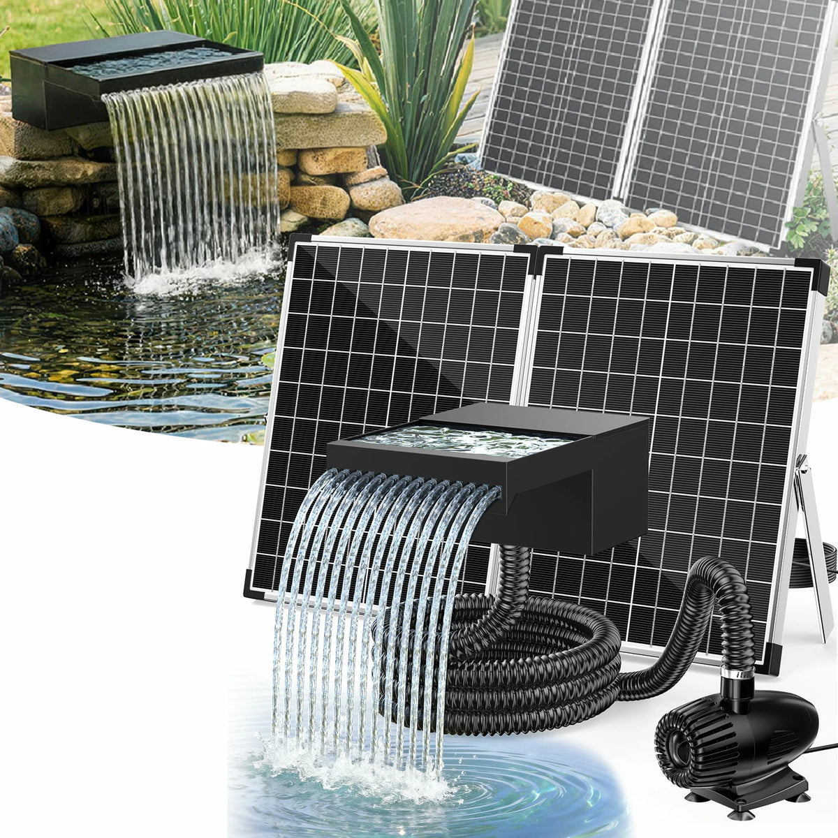 55W 580GPH Solar Waterfall Pump Kit with 8" Spray Spillway