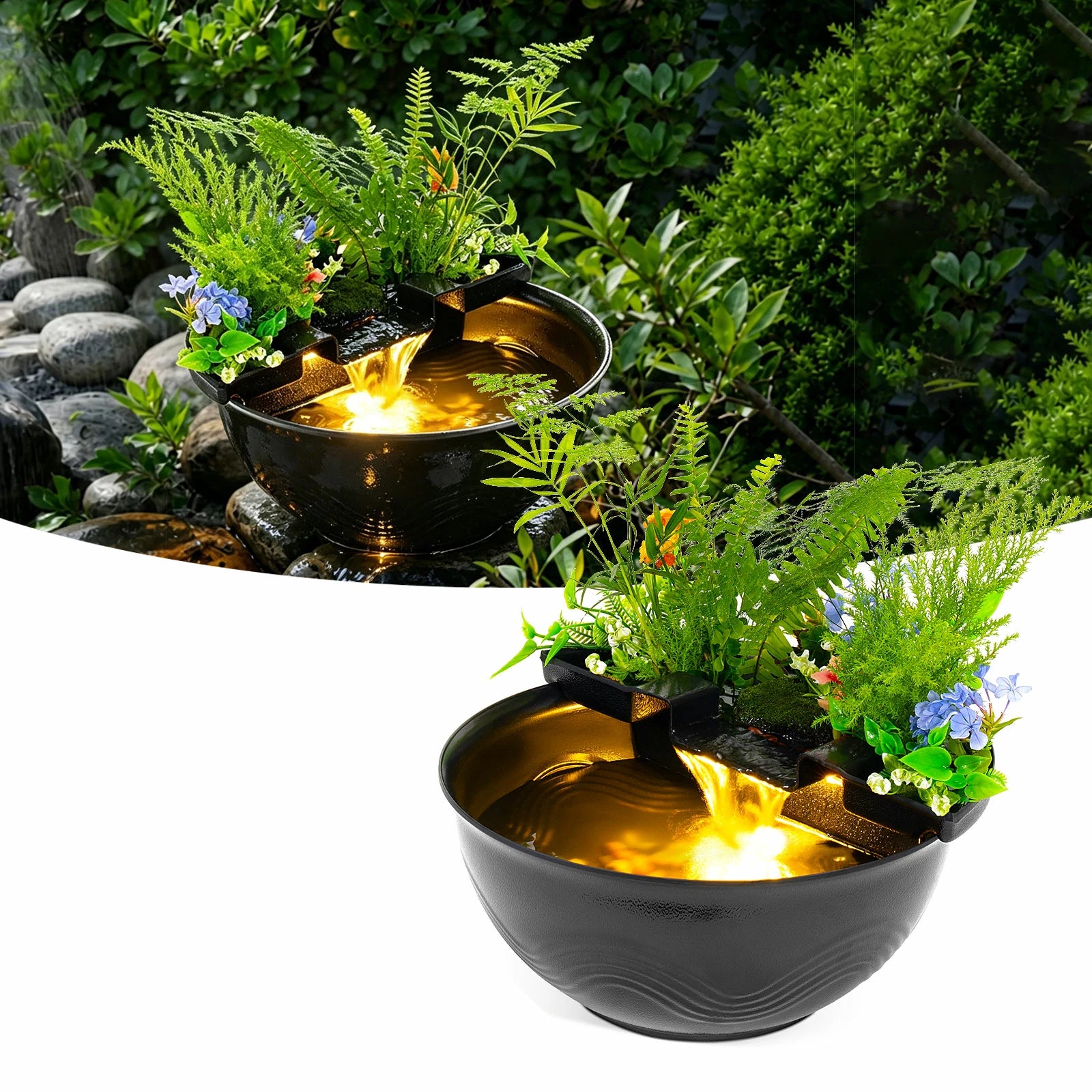 Mini Water Garden Pond Kit with Waterfall & LED Lighting