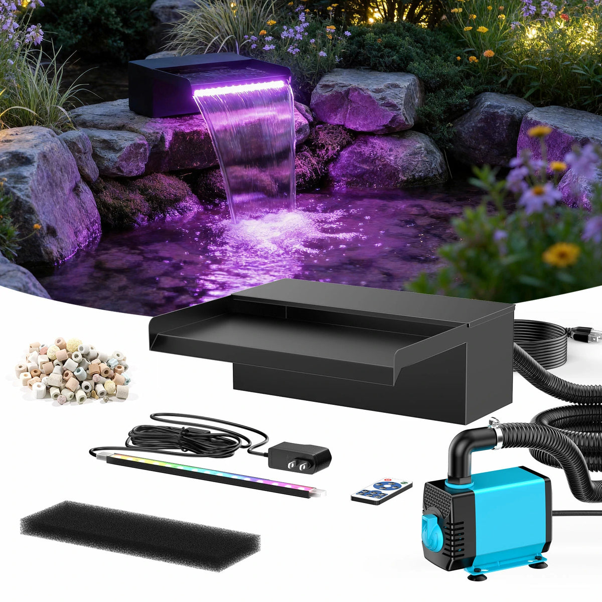 660GPH Waterfall Pump Kit with 8" Spillway & Light