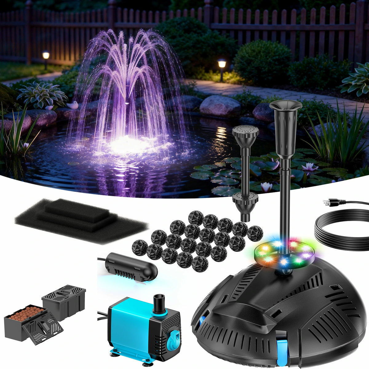 PF300 660GPH AC Pond Filter Fountain with Light