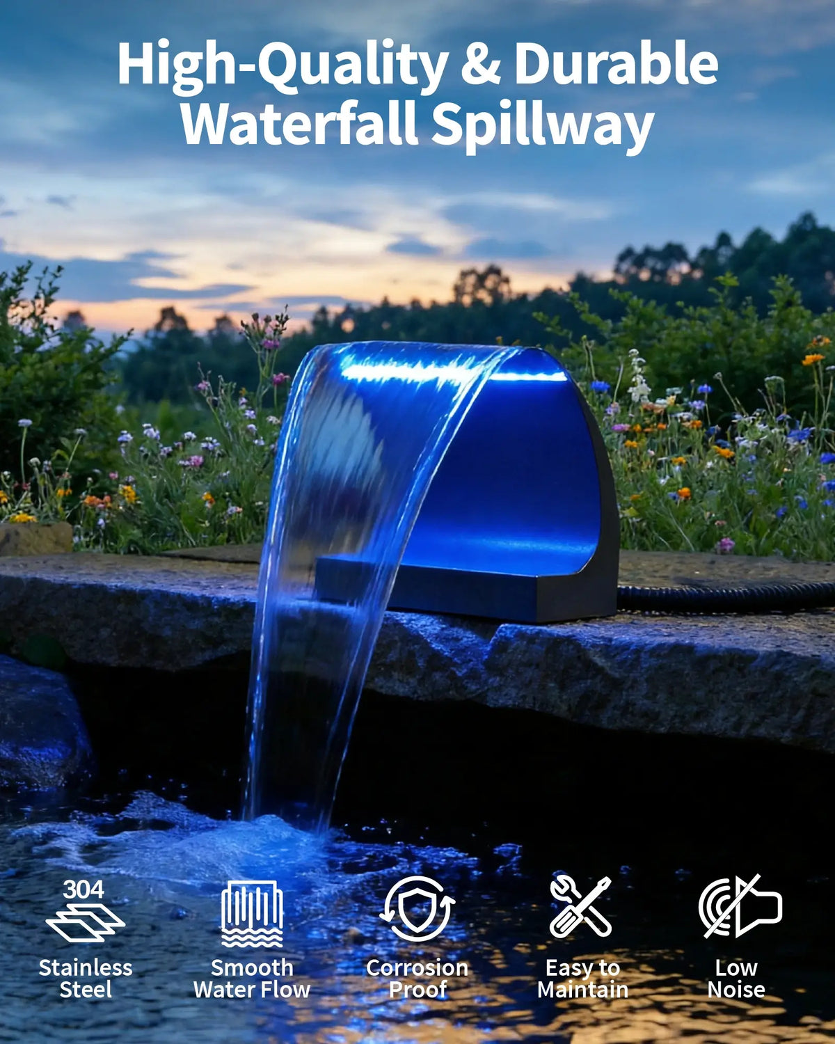 1600GPH Waterfall Pump Kit with 12" C-Shaped Spillway & Light