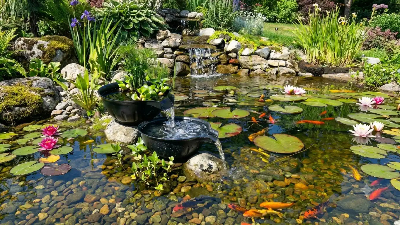 Decorative spillway bowl fountain basin kit placed in a backyard fish pond