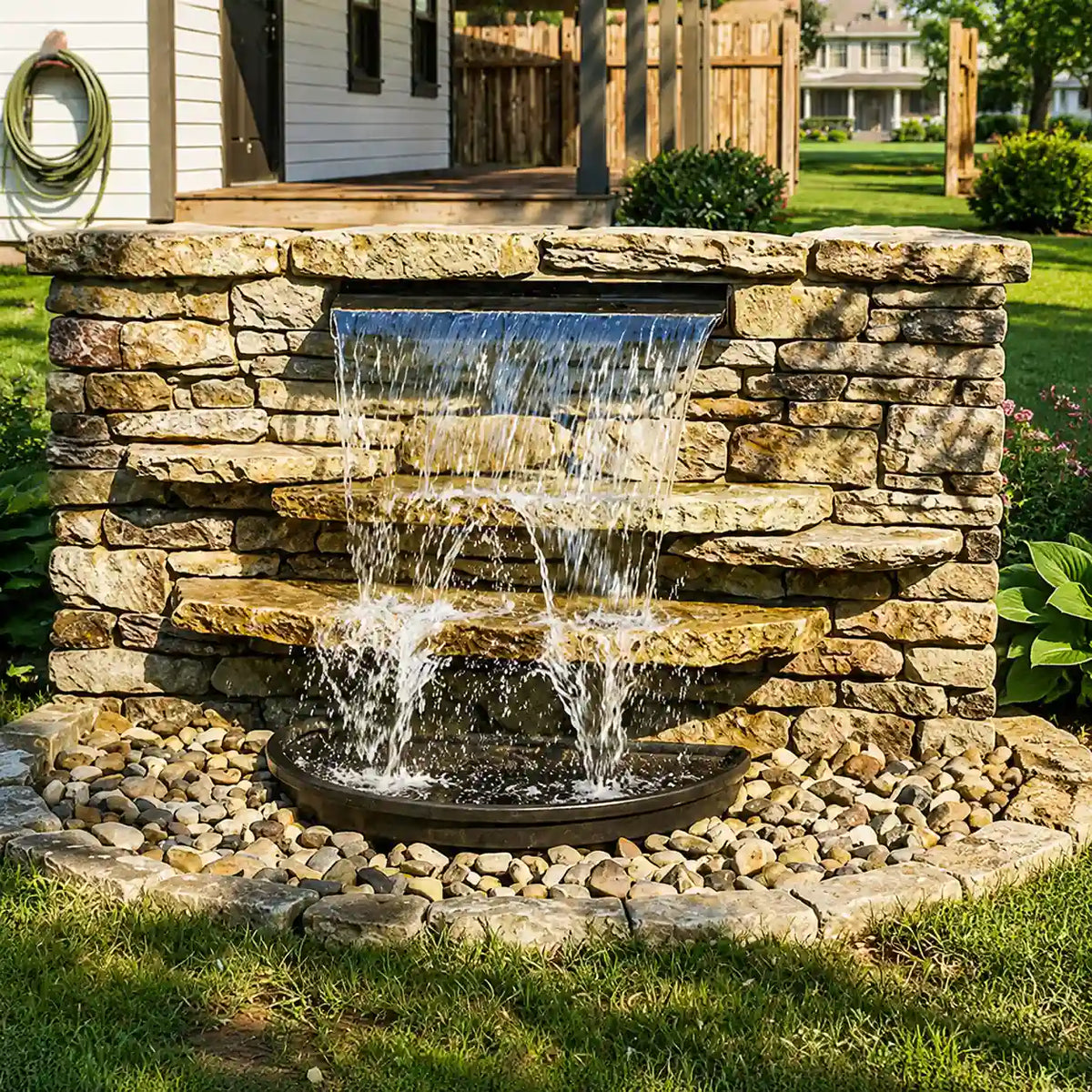 Tiered stacked stone pondless waterfall kits creates multi-level flowing water scenery