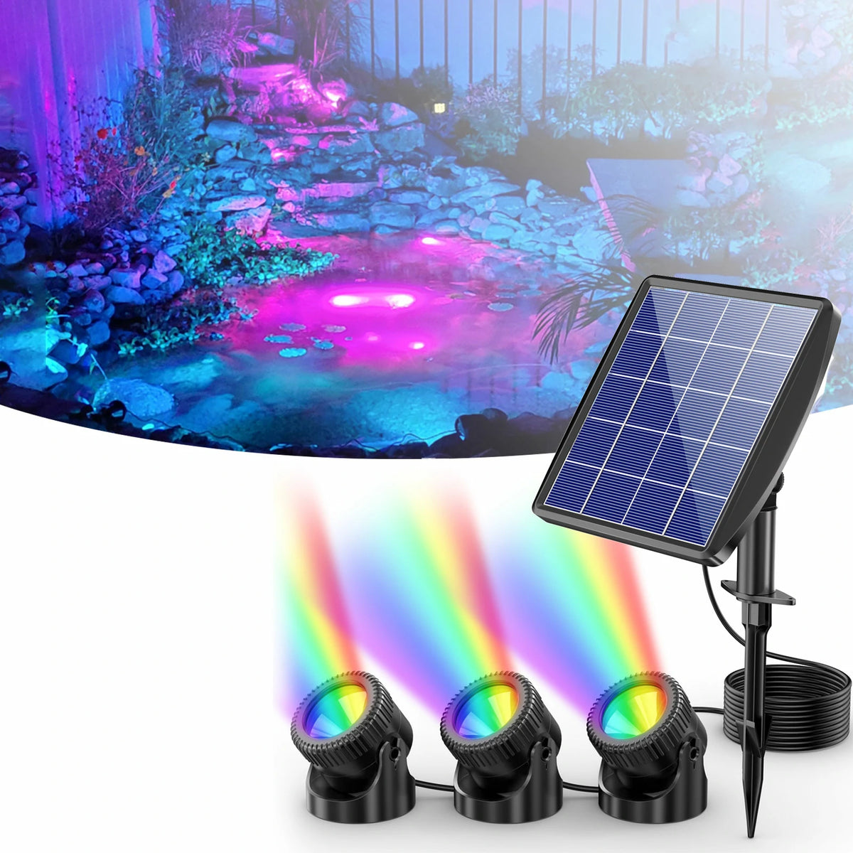 3-Head Colored Underwater Solar Pond Lights