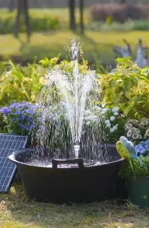Solar fountain pump with battery backup creating steady water flow in a garden fountain
