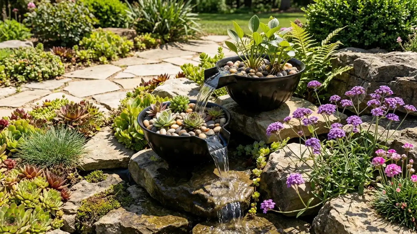 spillway bowl fountain sits on natural stone slabs