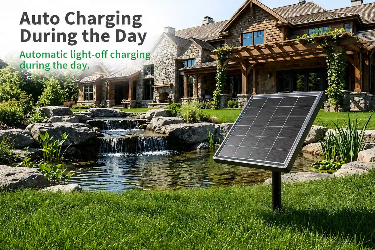 Daytime auto‑charge solar powered pond fountain with lights