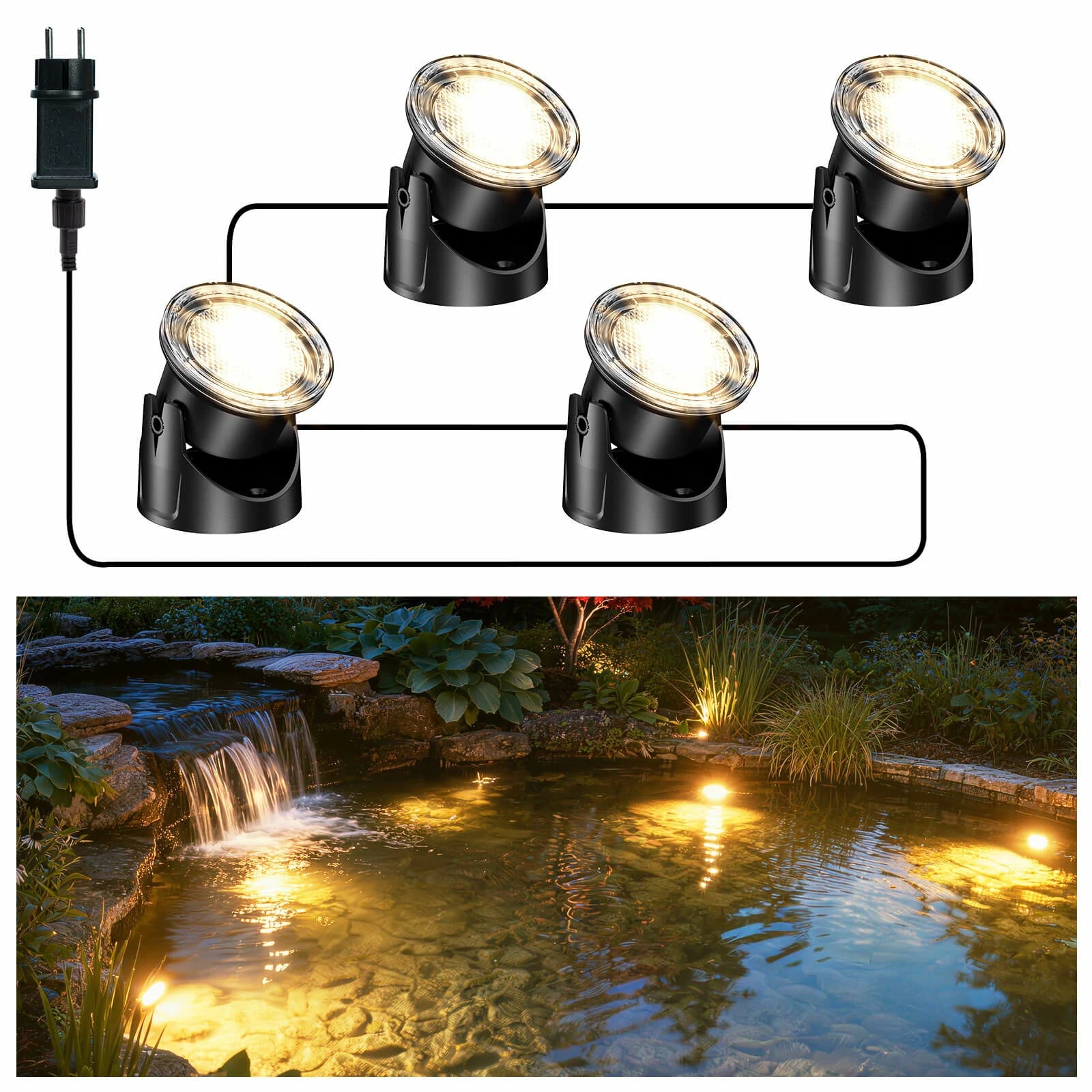 4-Head Warmwhite Underwater Electric Pond Lights with Timer