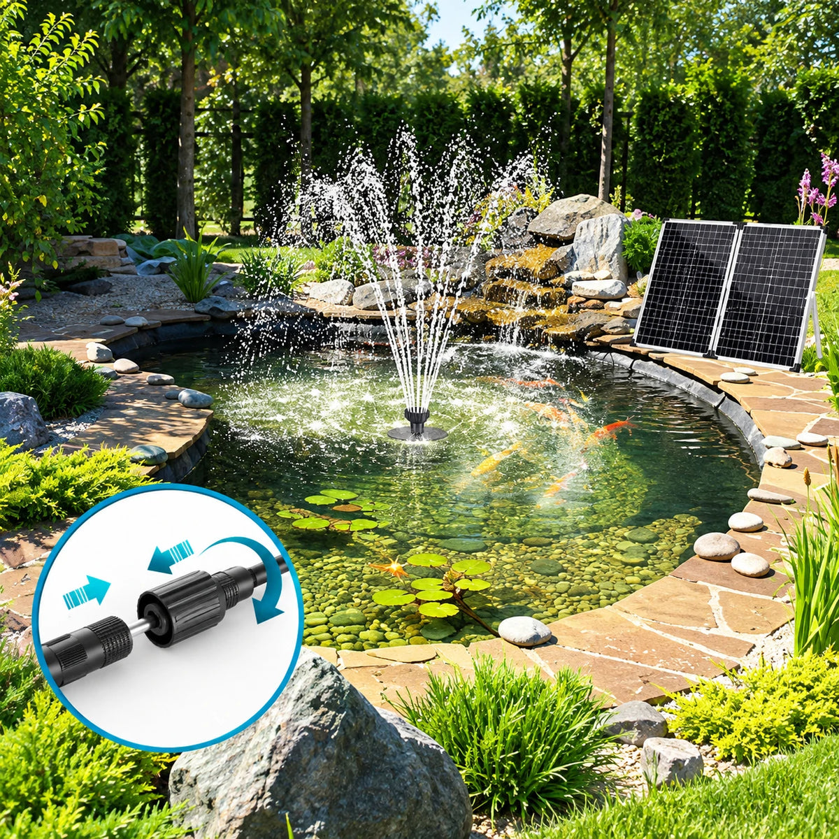 connect solar powered pump and filter for pond