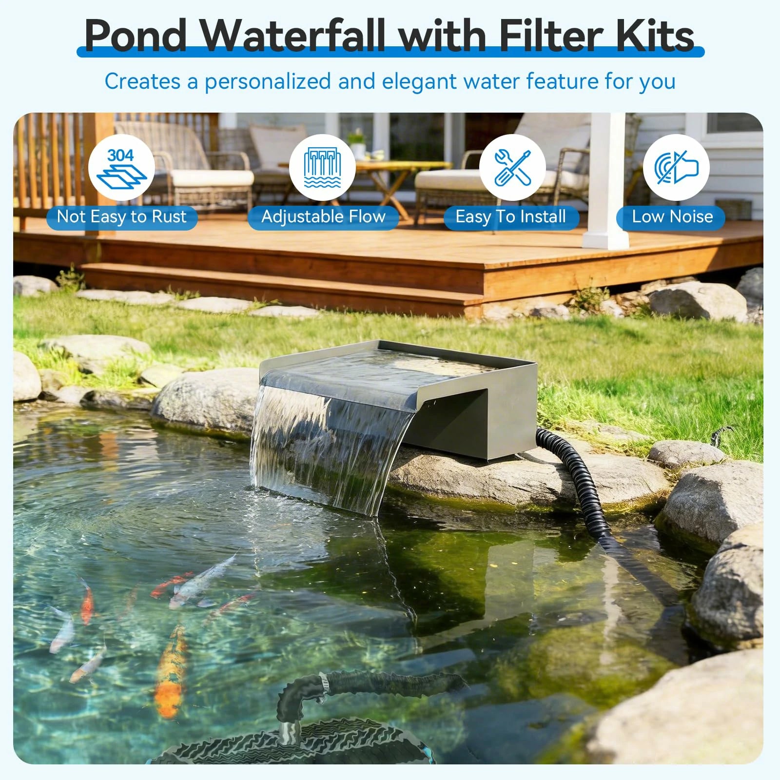 660GPH Waterfall Pump Kit with 12" Spillway & Pond  Filter (LED)