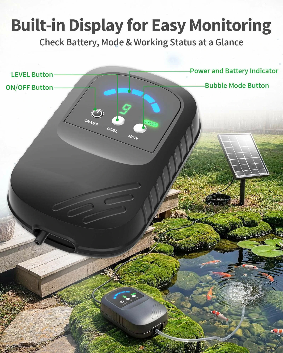 3W Solar Pond Aerator with 2200mAh Battery & Digital Display
