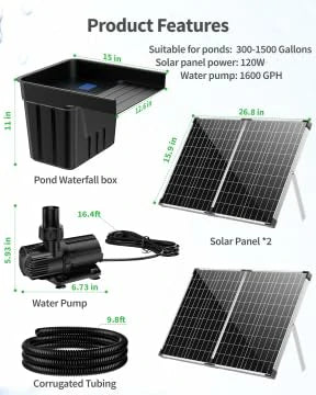 120W 1600GPH Solar Waterfall Pump Kit with 12.6"x15" Spillway