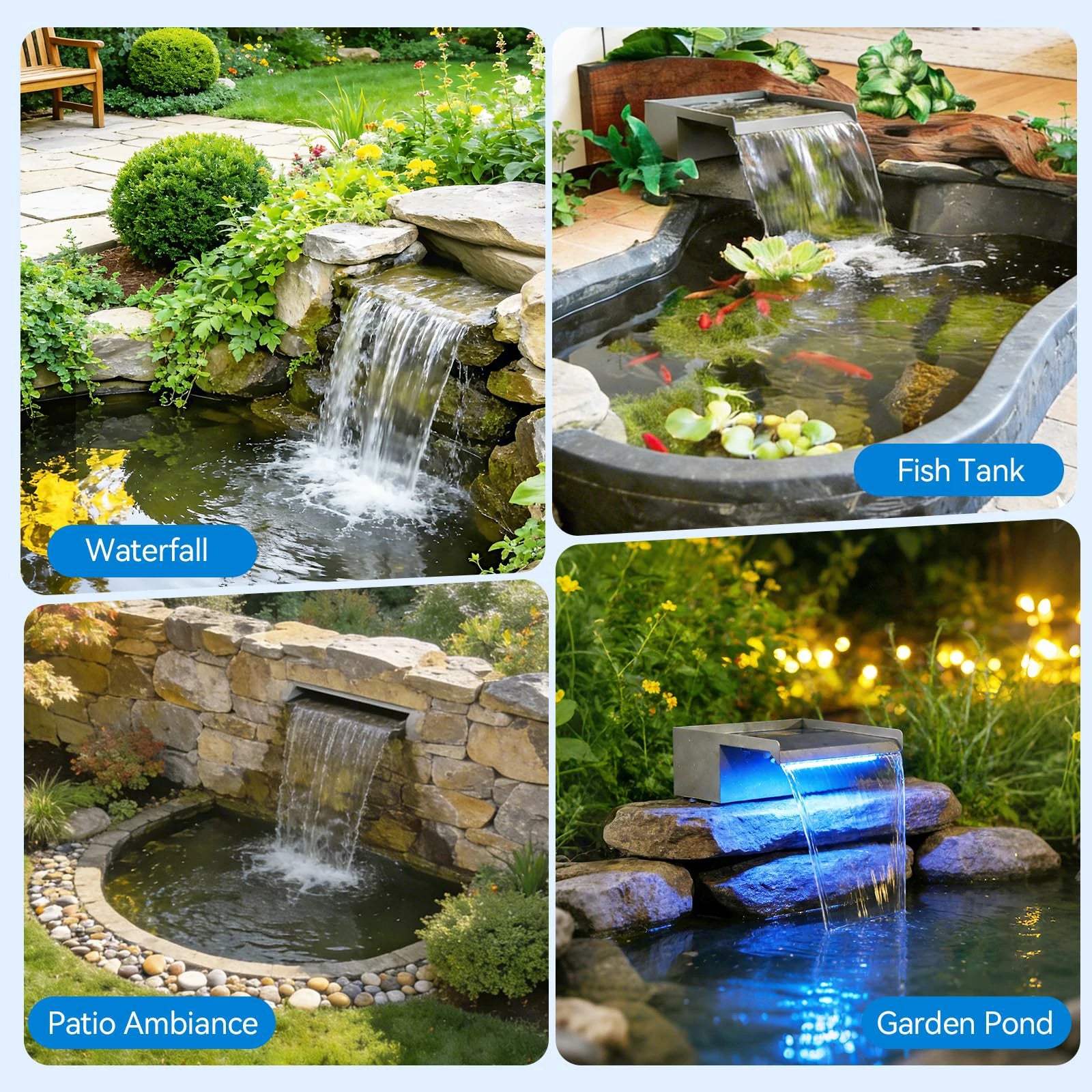 660GPH Waterfall Pump Kit with 12" Spillway & Pond  Filter (LED)