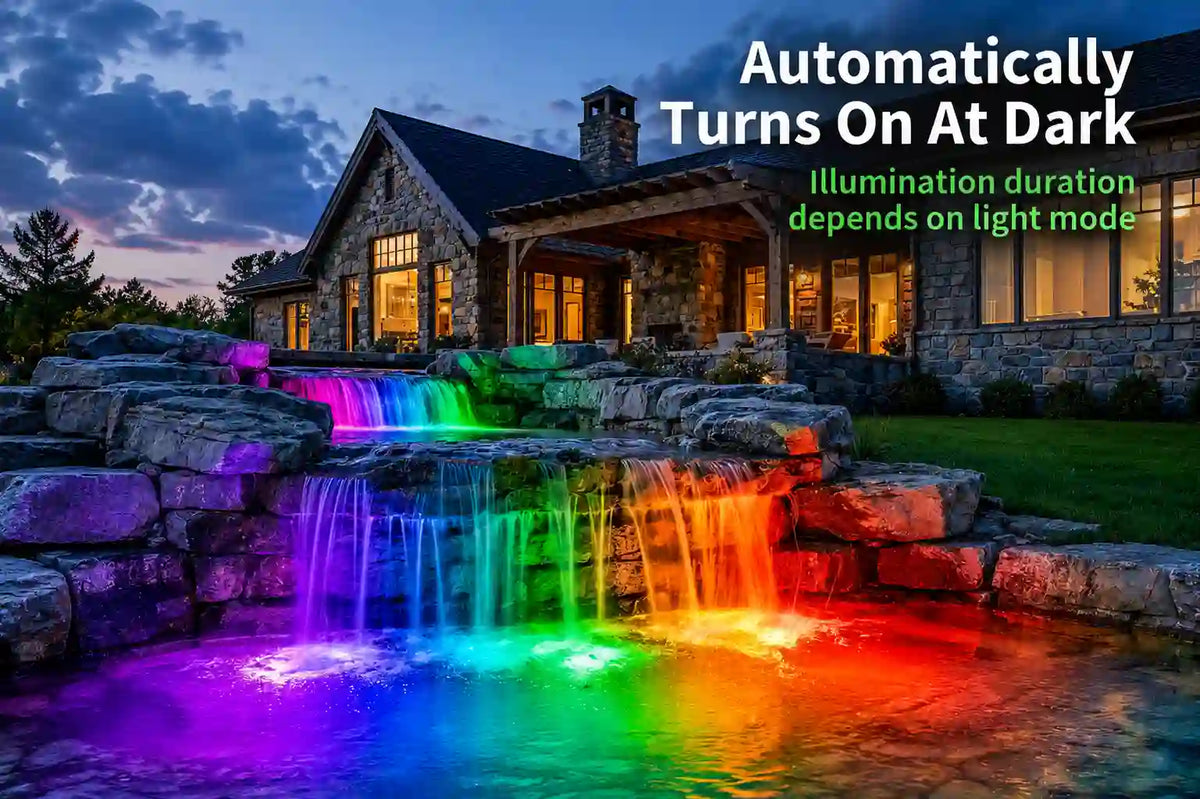 Auto‑on solar powered pond fountain with lights