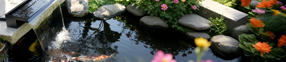 Backyard pond with plants, stone edges, and real garden scale