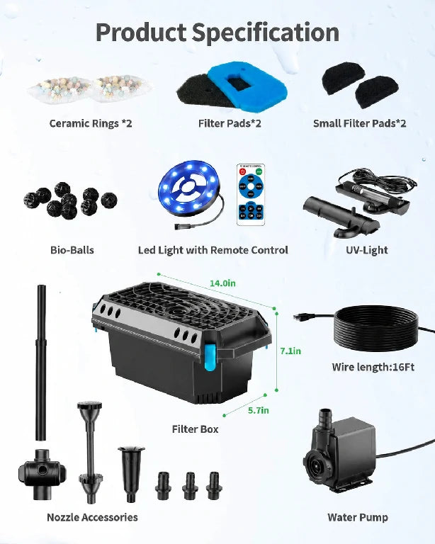 PF360 660GPH Pond Filter Fountain with Light (UV Light & Remote Control) - Poposoap