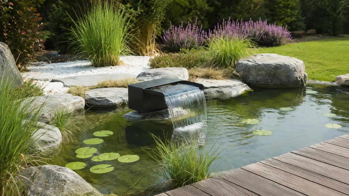 Compact spillway waterfall set amid natural stones and lush greenery, bringing relaxing patio ambiance to backyard koi ponds.