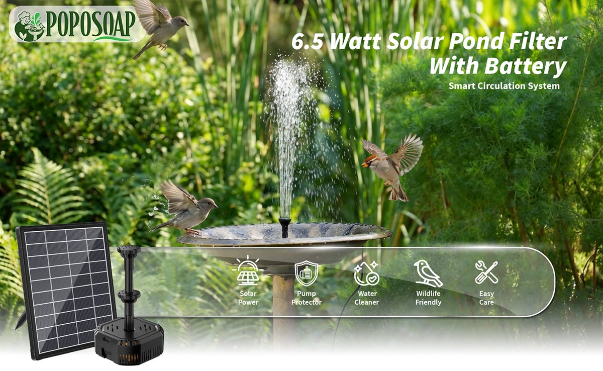 POPOSOAP solar bird bath fountain running in a garden water feature
