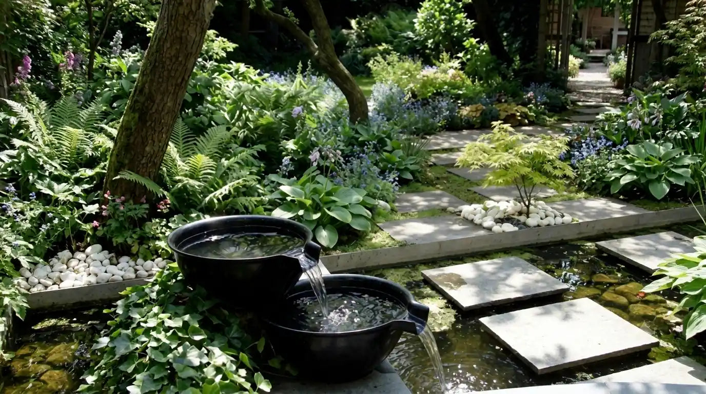 Layered water fountain basin creates gentle cascading streams in a tranquil courtyard pond, matched with stone walkways and rich green garden foliage.